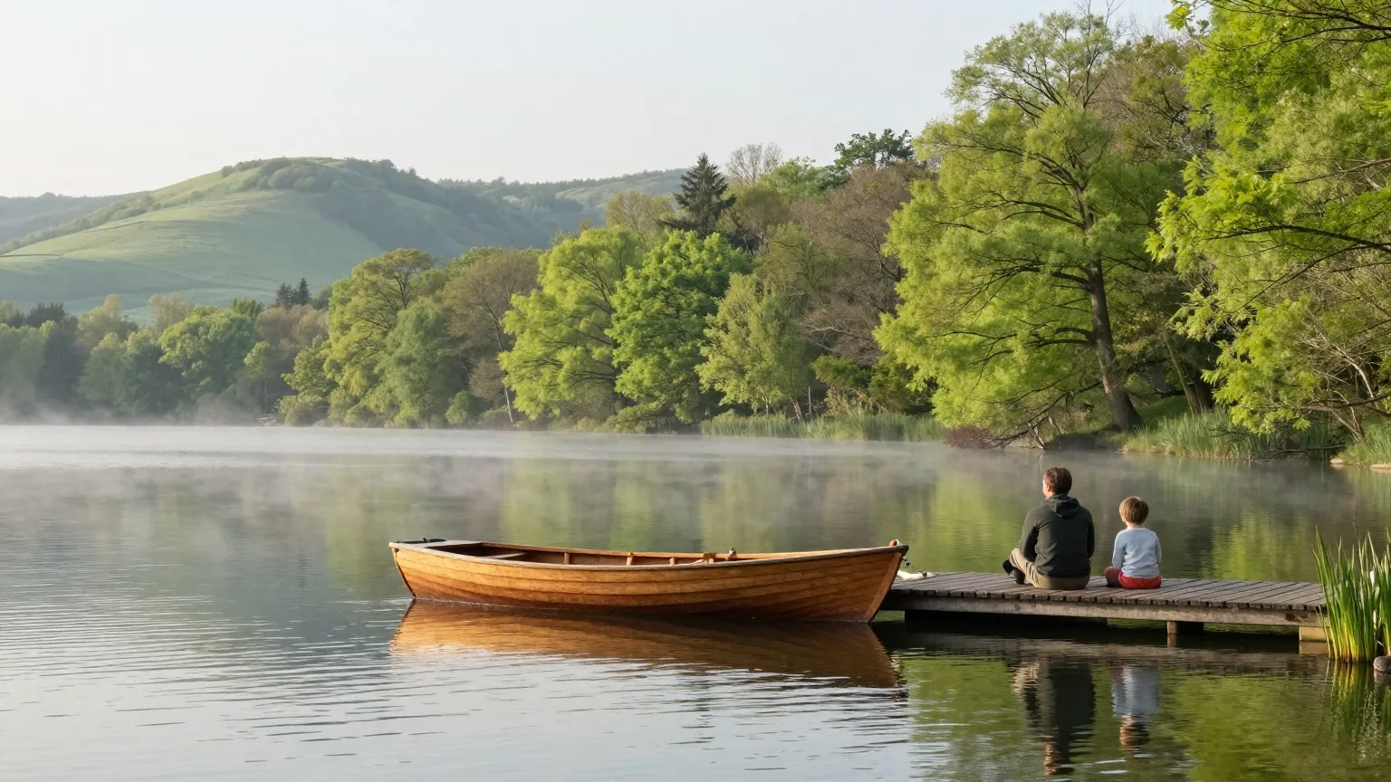 Elternteil und Kind von hinten auf einem Holzsteg an einem See zwischen grünen Hügeln im Frühling