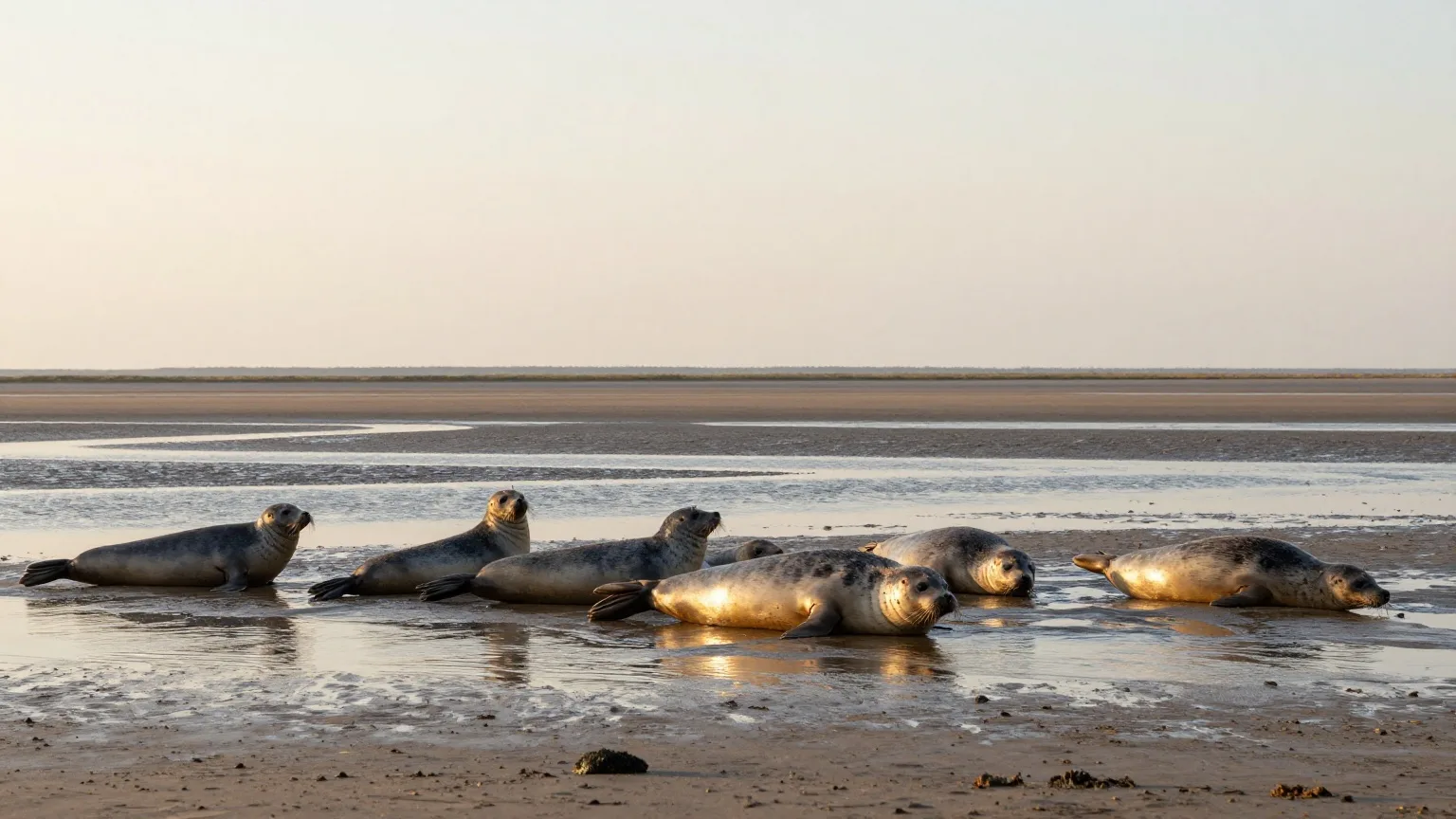 Seehunde ruhen auf einer Sandbank im Wattenmeer bei Ebbe im Abendlicht eines Frühsommertags