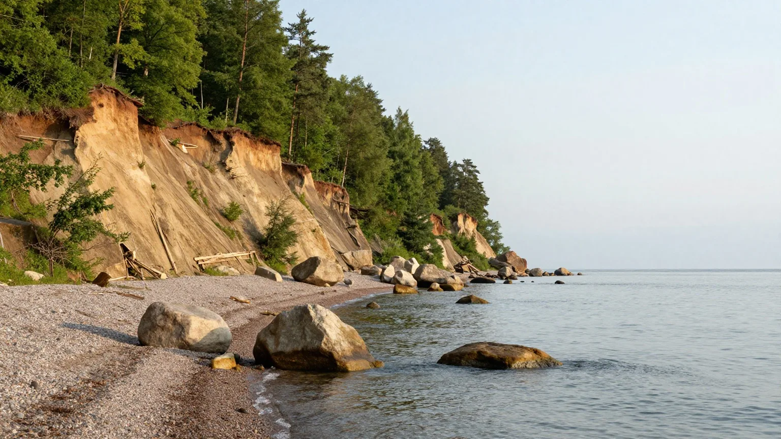 KI-generierte Landschaft, wie sie für Schleswig-Holstein typisch ist: Steilküste an der Ostsee mit Buchenwald und Findlingen im Wasser