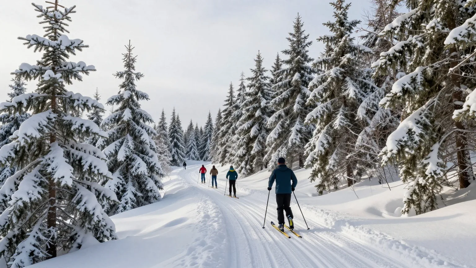 Familie auf Langlaufskiern von hinten auf einer Loipe durch verschneiten Fichtenwald