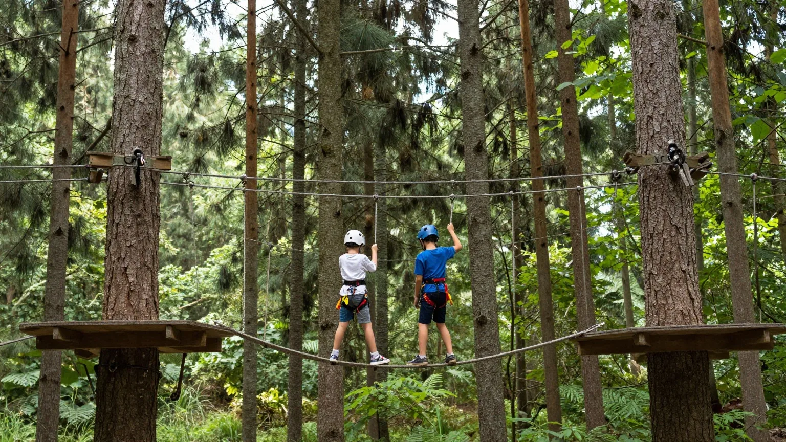 Zwei Kinder mit Helmen klettern von hinten gesehen über eine Seilbrücke in einem Kletterwald zwischen hohen Fichten