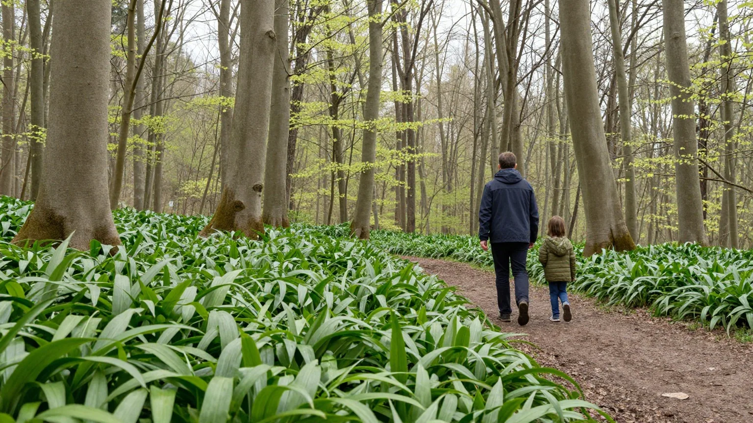 Teppich aus frischem Bärlauch unter kahlen Buchen im Hainich Anfang April, Elternteil und Kind gehen von hinten auf dem Waldweg