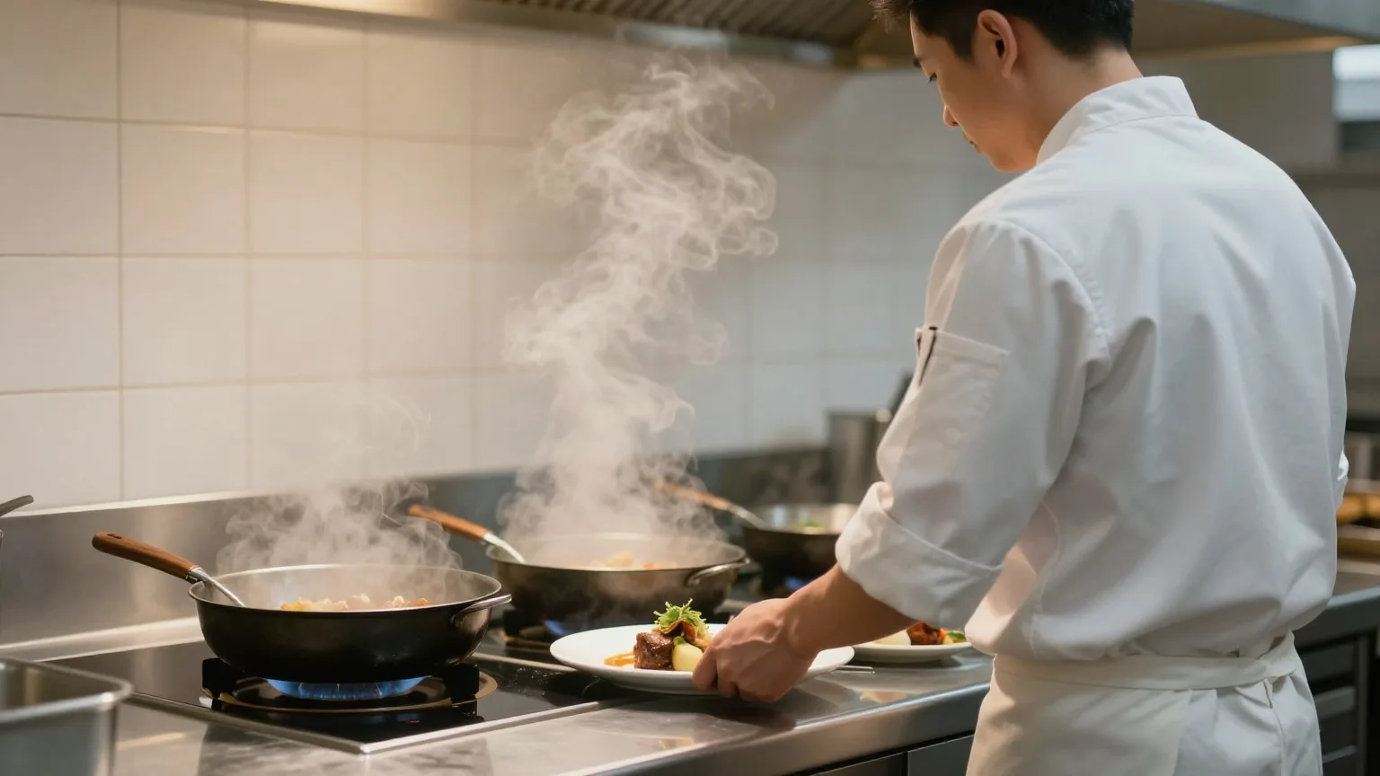 Koch von hinten in einer Restaurantküche beim Anrichten von Tellern