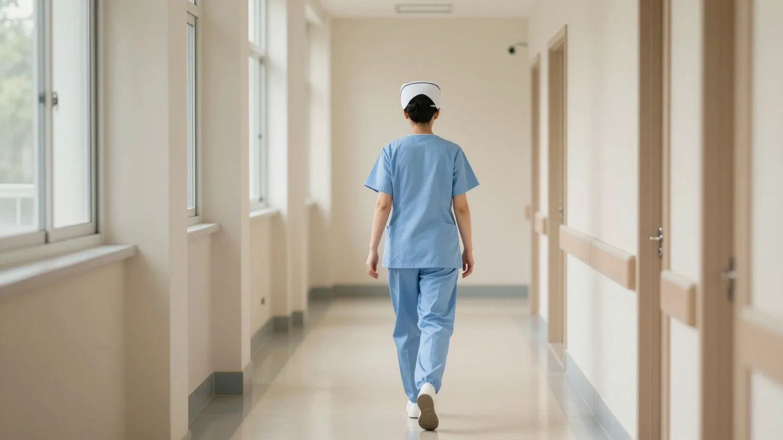 Pflegekraft von hinten auf einem leeren Klinikflur im Morgenlicht