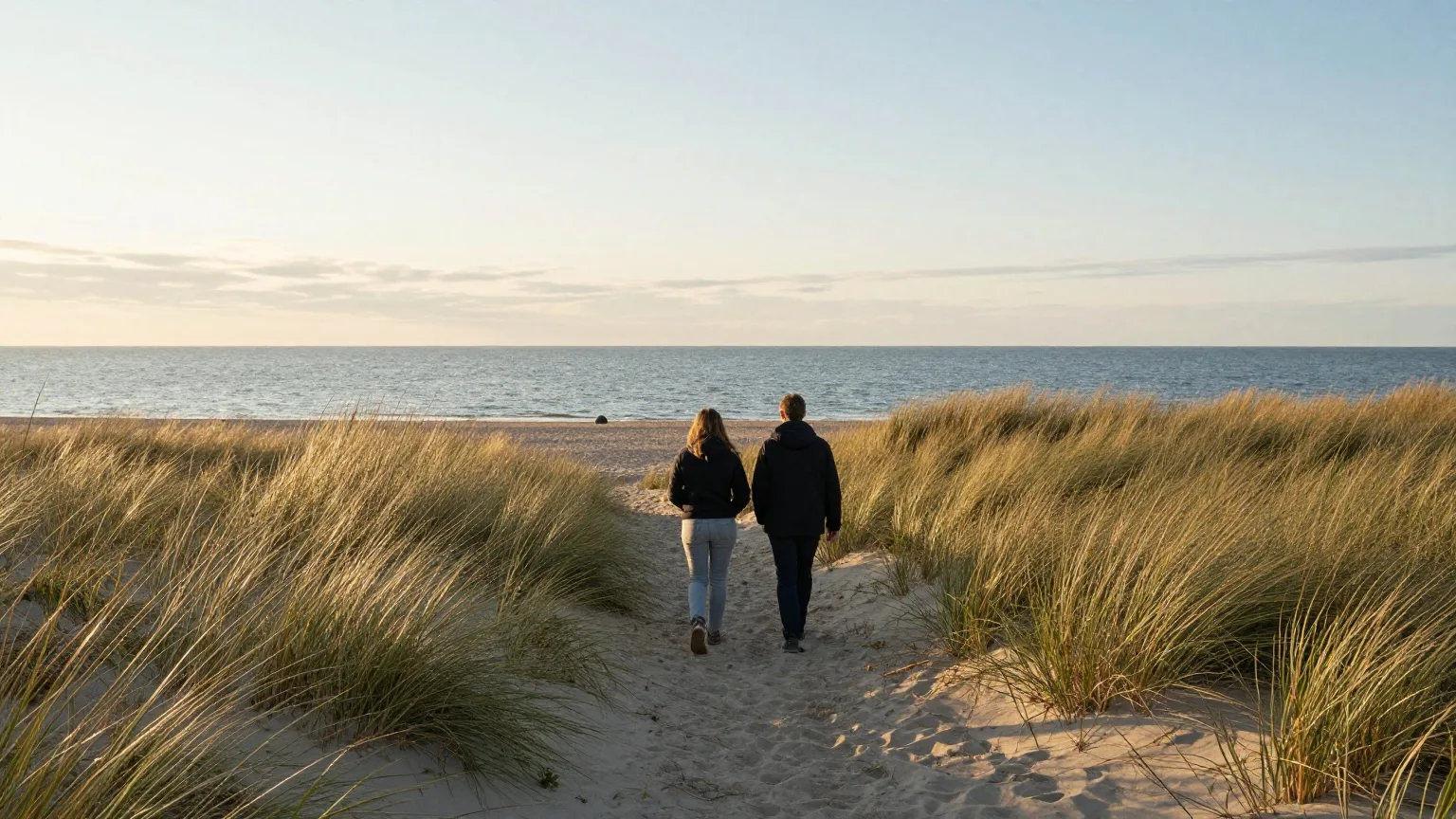 Zwei Spaziergänger von hinten auf einem Dünenweg an der Ostsee im Nachmittagslicht