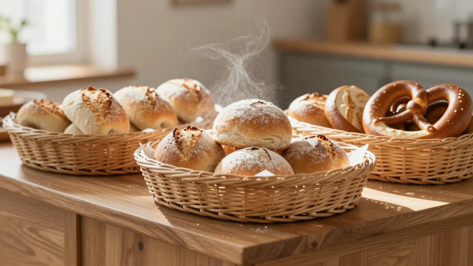 Brötchen und Brezeln in Weidenkörben auf einer Bäckertheke im Morgenlicht