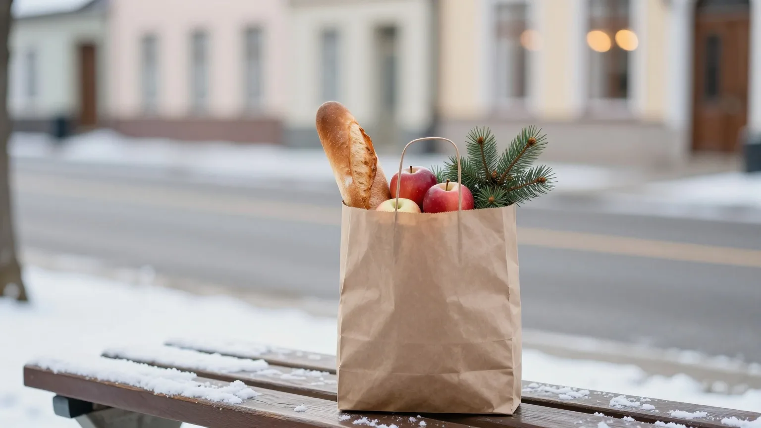 Einkaufstasche mit Lebensmitteln und Tannenzweigen auf einer Holzbank in einer verschneiten Straße