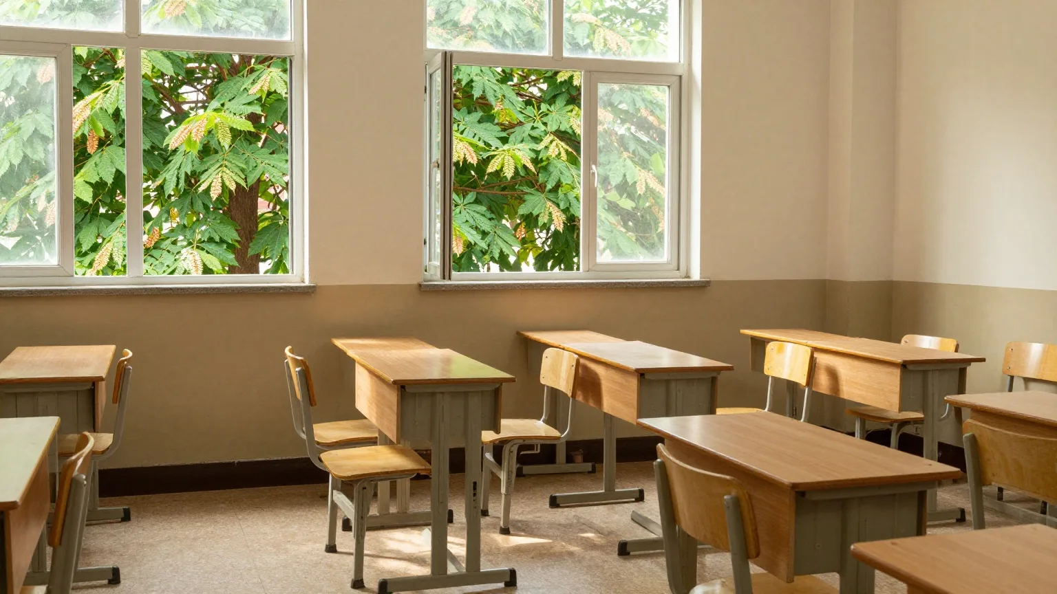 Leeres Klassenzimmer mit hochgestellten Stühlen auf den Tischen im Sommerlicht