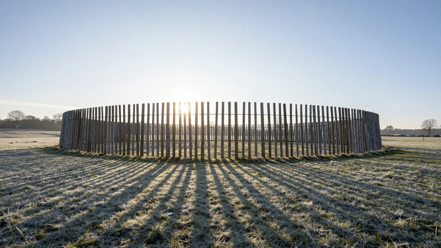 Rekonstruierte jungsteinzeitliche Palisadenanlage aus Holzpfählen, die tief stehende Wintersonne scheint durch einen Durchgang auf ein frostiges Feld