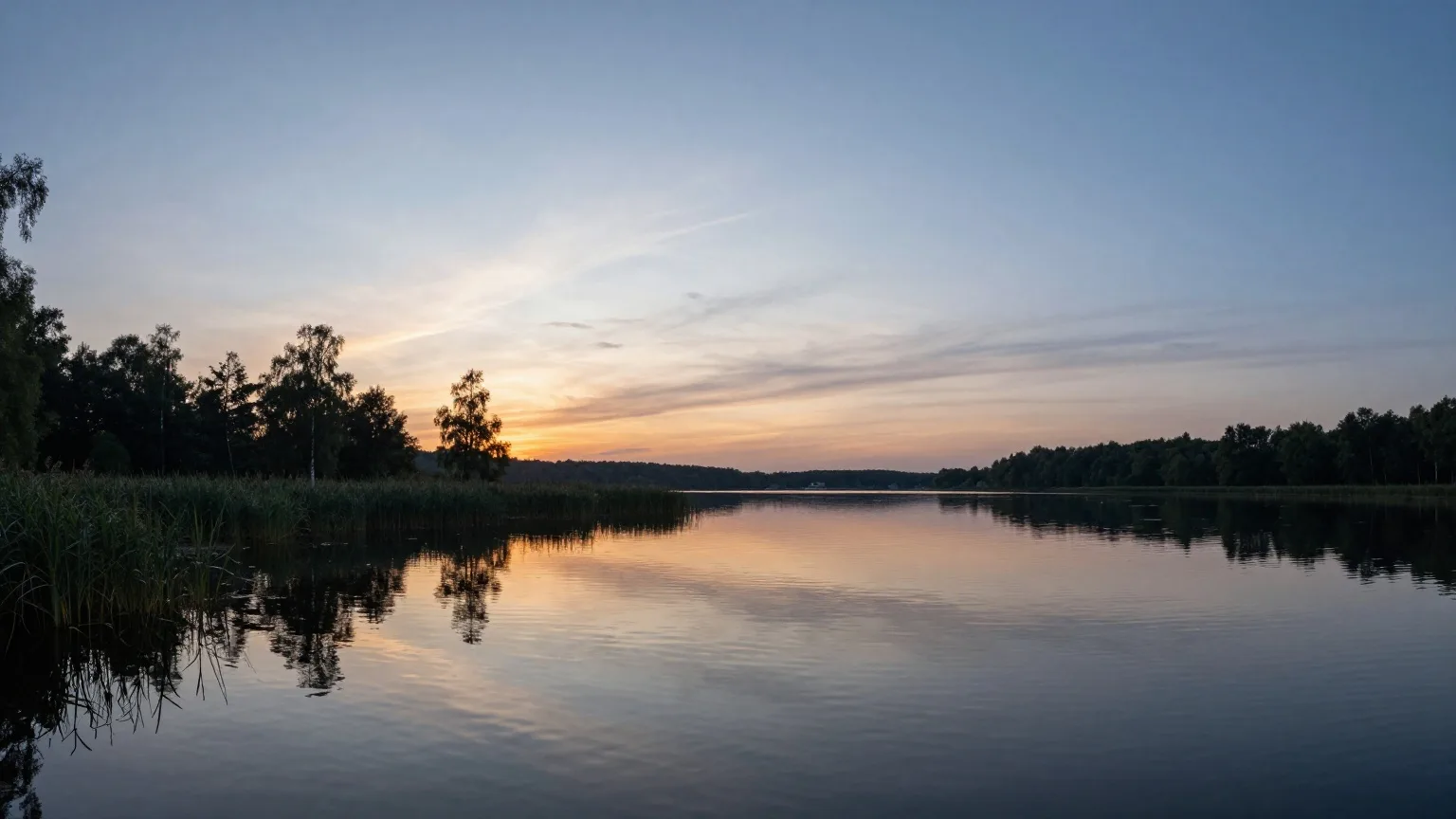 Heller Nordhimmel über einem stillen See kurz vor Mitternacht im Juni, Schilf und Birken am Ufer als Silhouetten