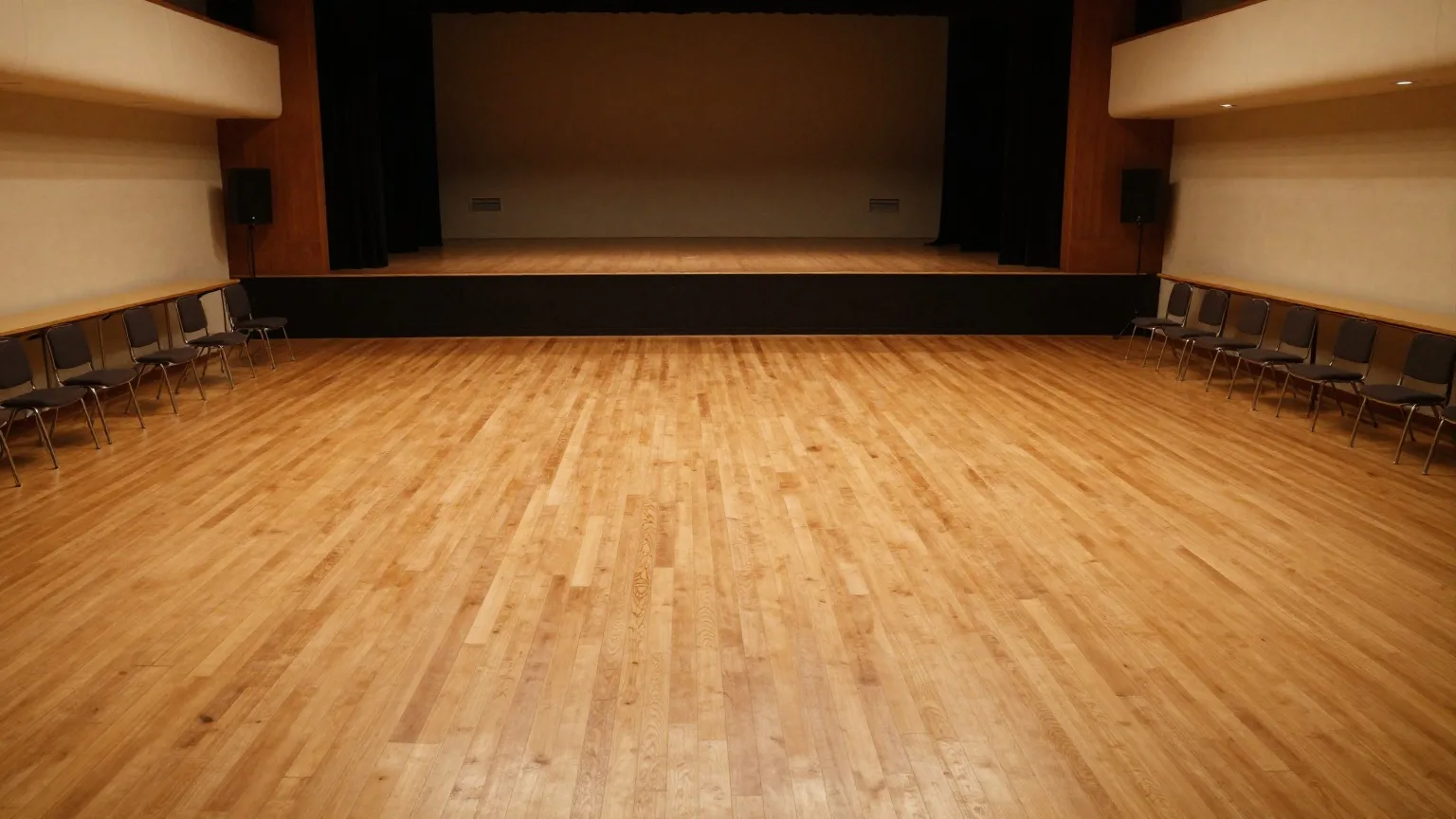 Leerer Tanzsaal mit Holzboden, die Stühle stehen hochgestellt auf den Tischen