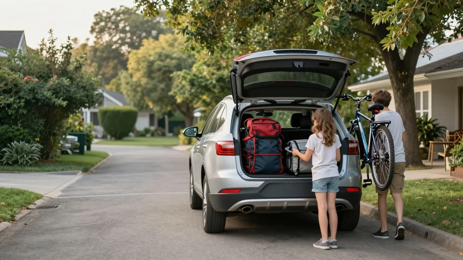 Familie belädt am frühen Morgen den Kofferraum eines Autos mit Reisetaschen und Fahrrädern für die Ferien