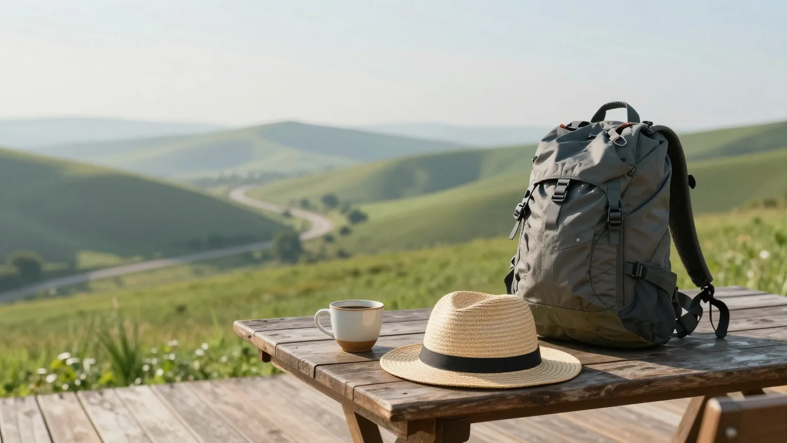 Sonniger Morgen auf einer Holzterrasse mit Kaffeetasse, Sonnenhut und Rucksack, dahinter eine grüne Hügellandschaft