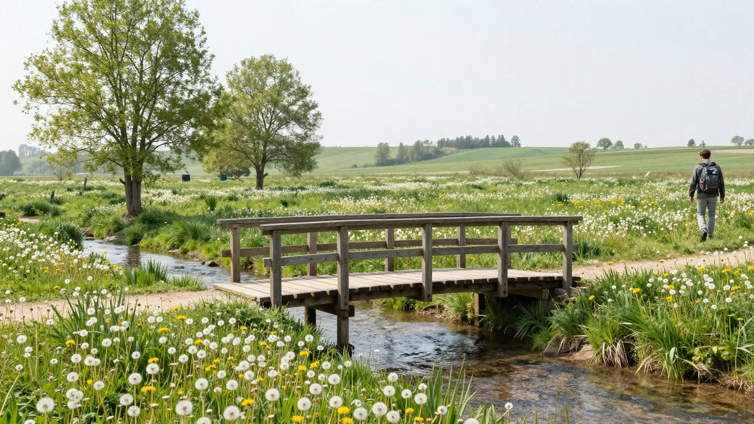Holzsteg über einen Bach in einer blühenden Frühlingswiese
