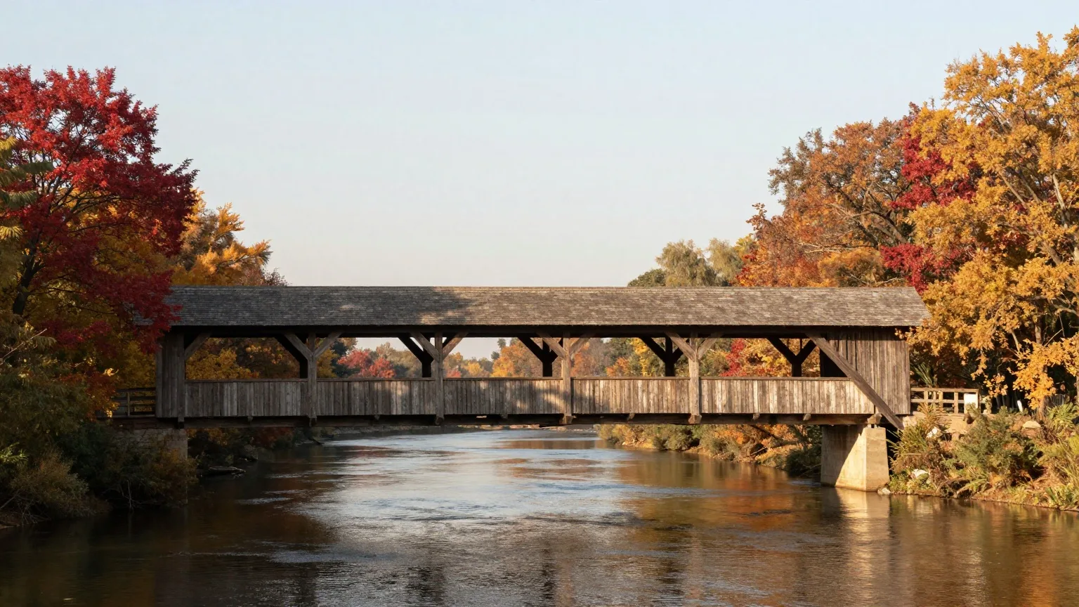 Überdachte Holzbrücke über einen ruhigen Fluss zwischen Bäumen in Herbstfarben