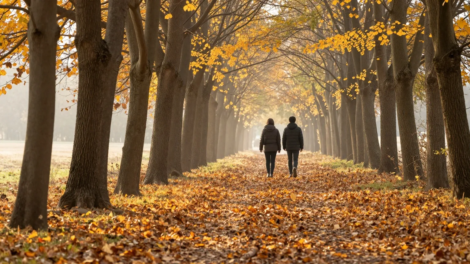 Zwei Spaziergänger von hinten auf einem Waldweg mit goldenem Herbstlaub