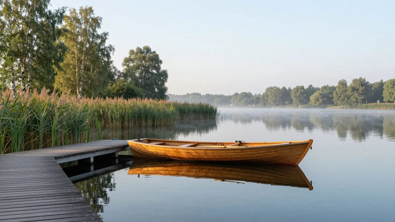 Ruderboot an einem Holzsteg auf einem stillen See im Frühsommer