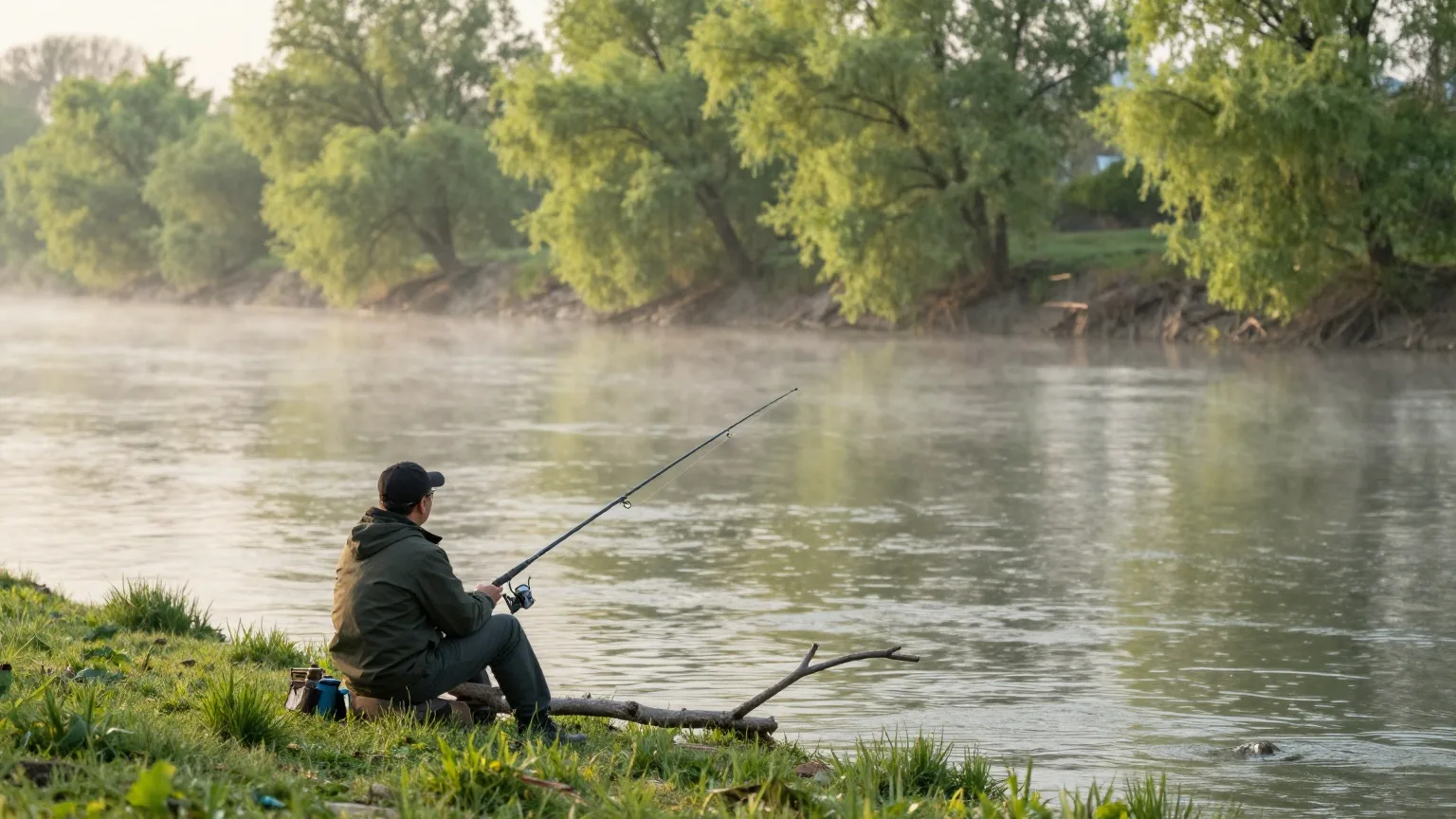 Angler von hinten am grasbewachsenen Ufer eines ruhigen Flusses im Morgennebel