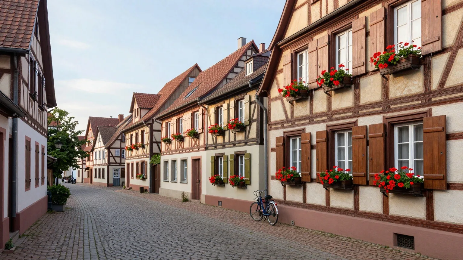 Ruhige Dorfstraße mit Fachwerkhäusern an einem sonnigen Morgen