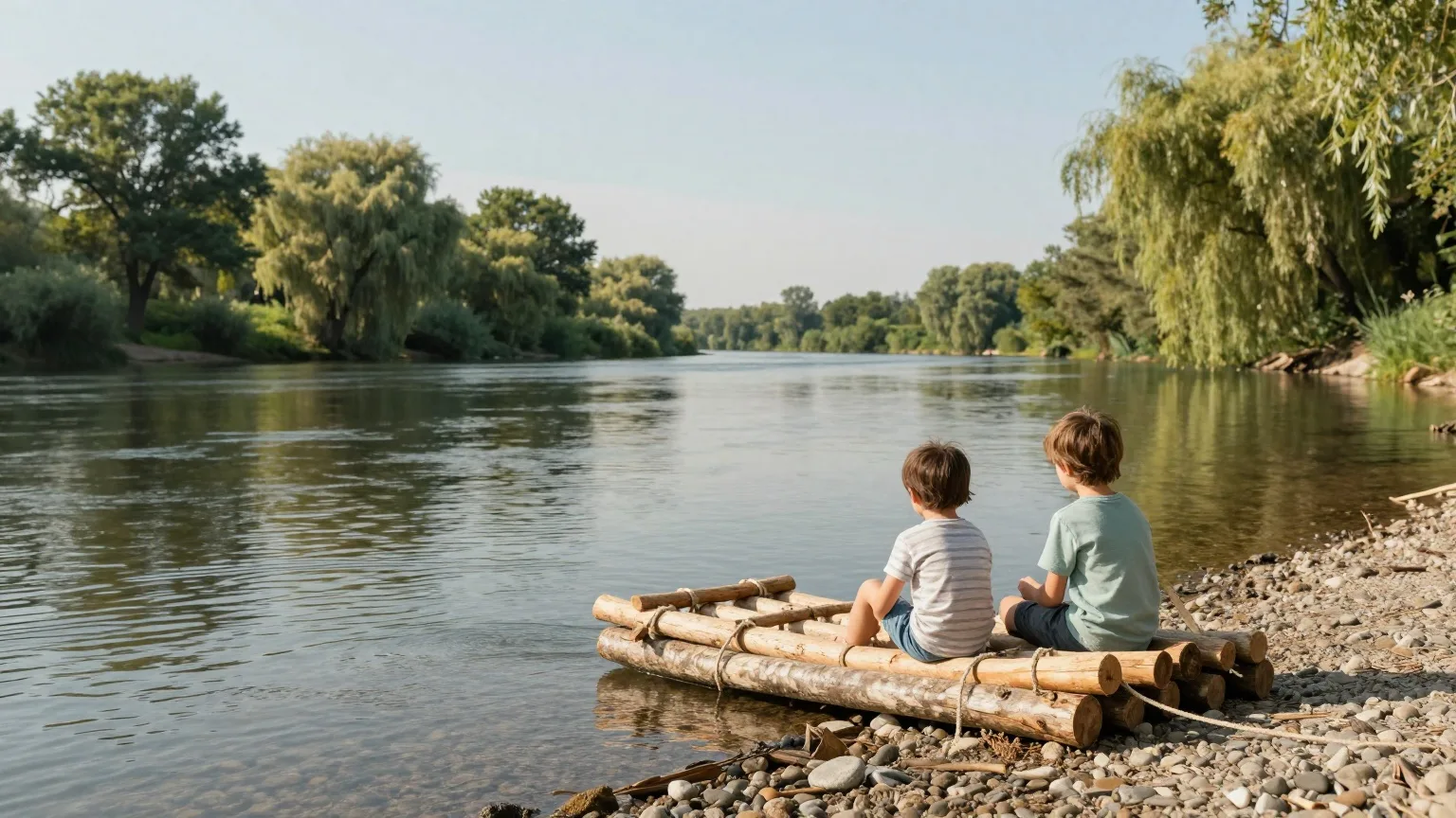 Zwei Kinder bauen von hinten gesehen ein Floß aus Holzstämmen am Kiesufer eines Flusses im Juli
