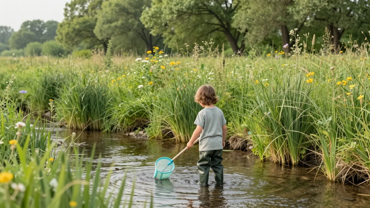 Kind in Gummistiefeln steht von hinten gesehen mit einem Kescher in einem flachen Wiesenbach im Juni