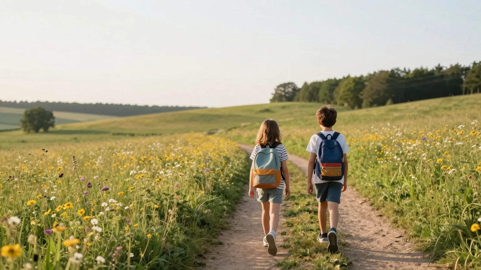 Zwei Kinder mit Rucksäcken gehen von hinten gesehen auf einem Feldweg in eine Sommerwiese
