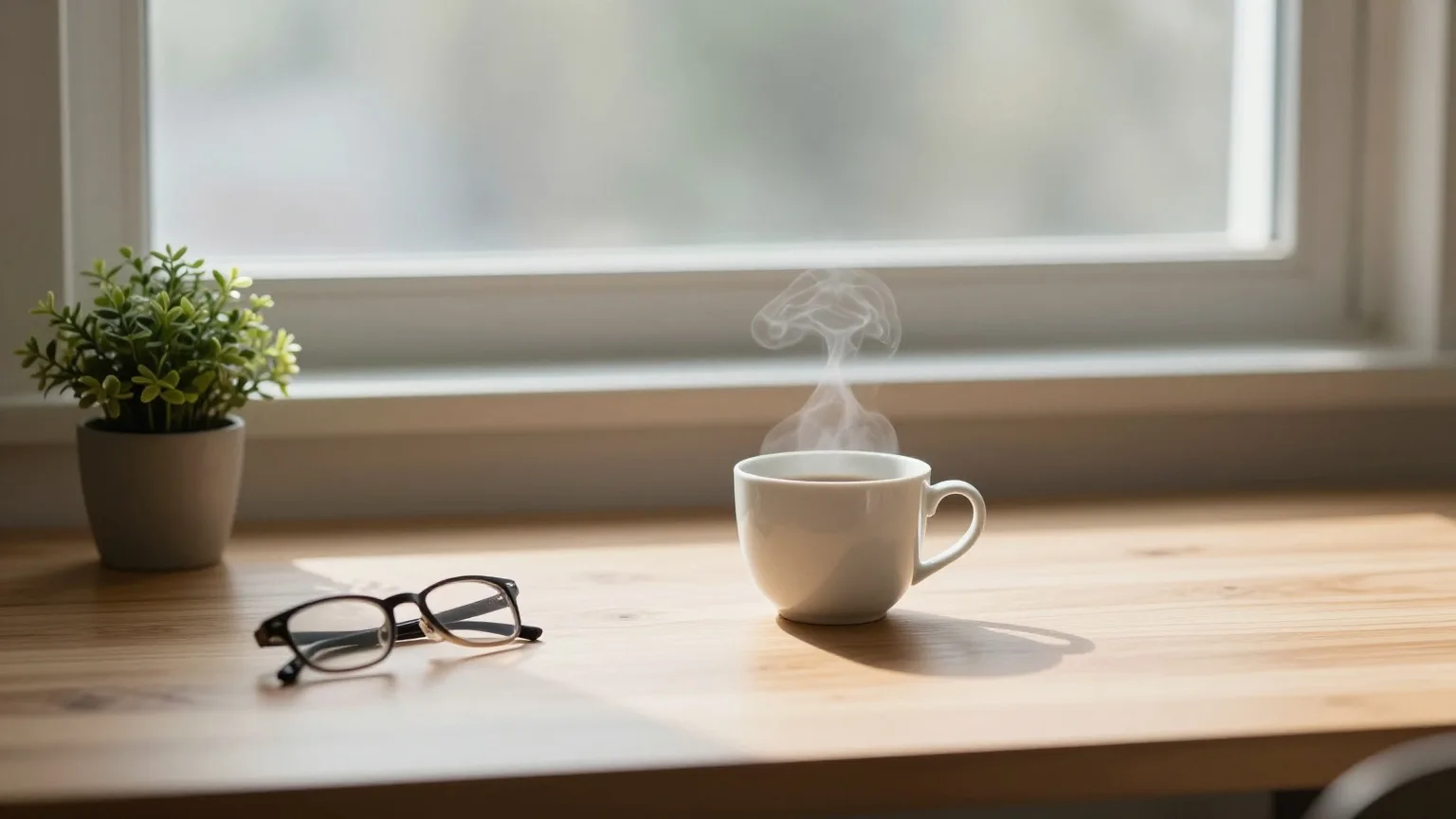 Aufgeräumter Holzschreibtisch mit Kaffeetasse und Grünpflanze im Morgenlicht