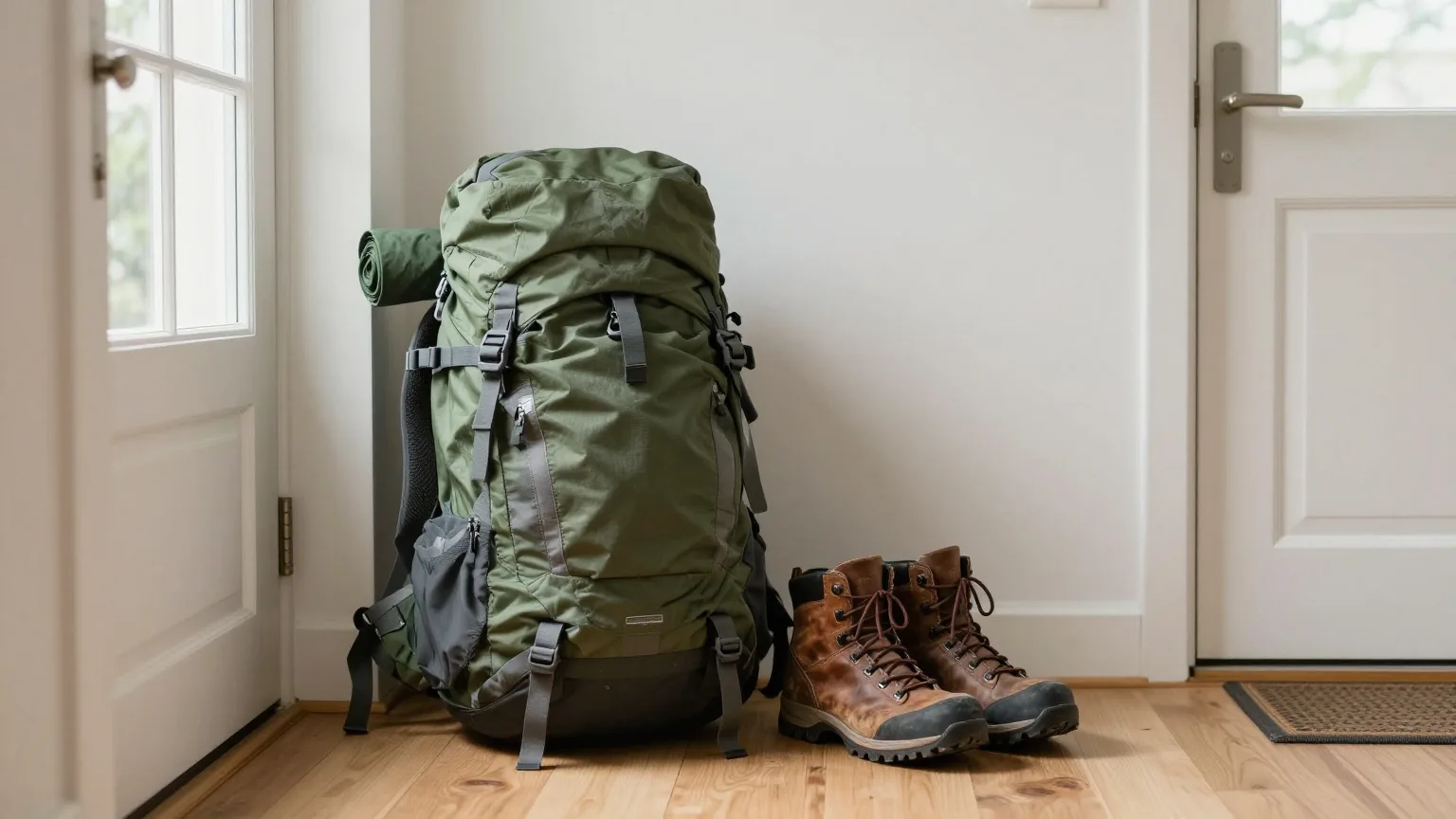 Gepackter Rucksack und Wanderschuhe im hellen Flur neben der Haustür