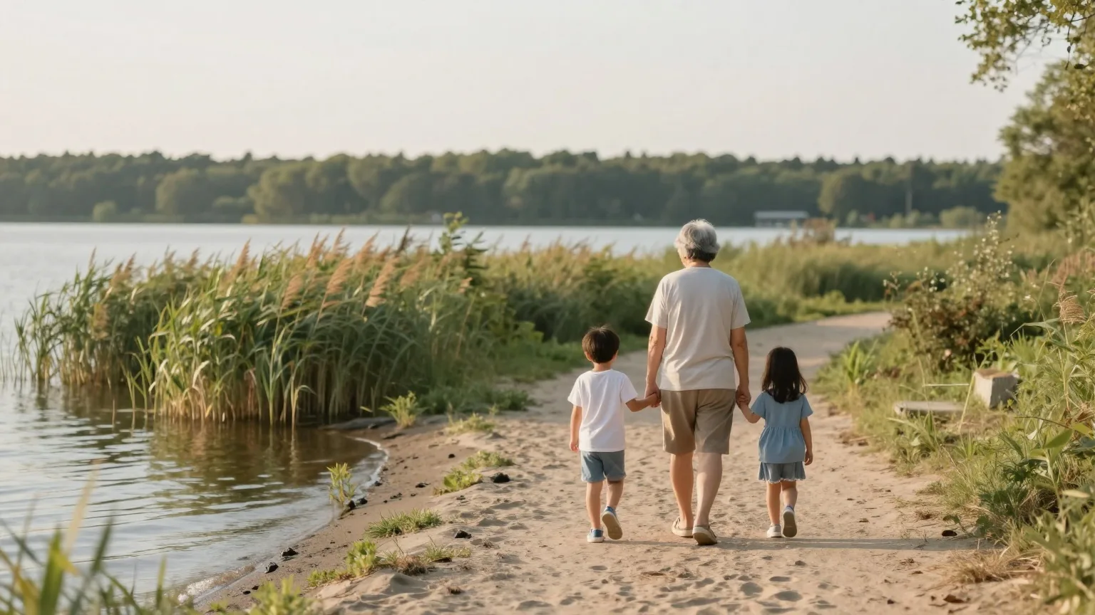 Großeltern und zwei Kinder gehen von hinten gesehen am Seeufer entlang