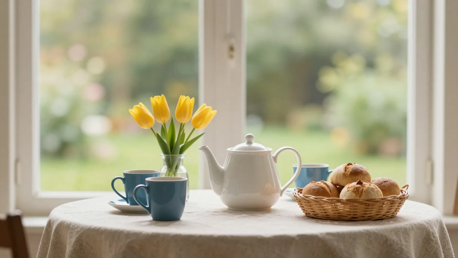 Frühstückstisch am Fenster mit Teekanne, zwei Tassen und gelben Tulpen
