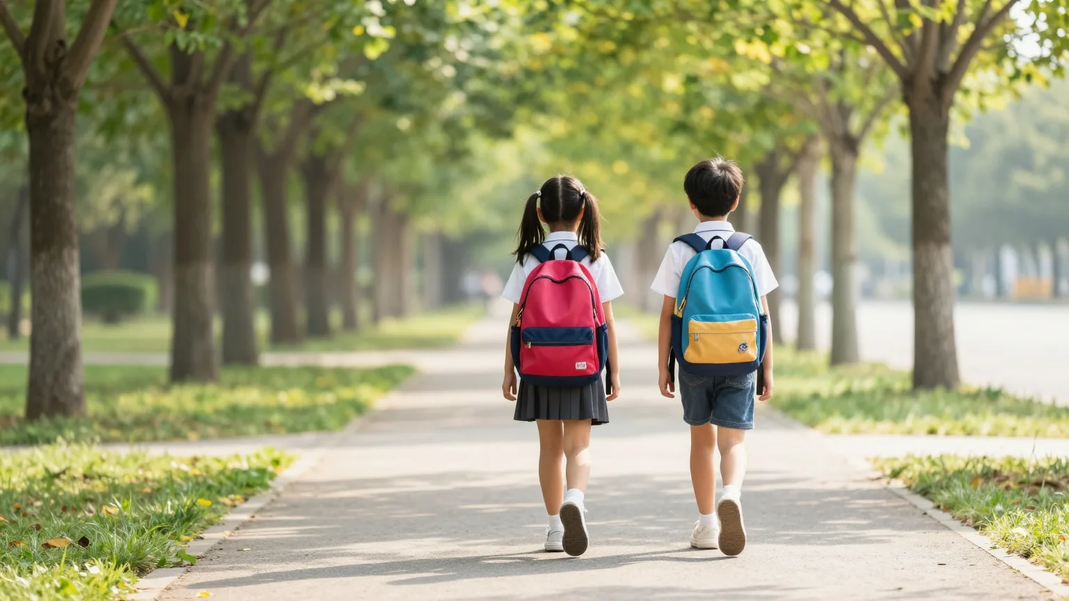 Zwei Kinder mit Schulranzen gehen von hinten gesehen auf einem Gehweg zur Schule